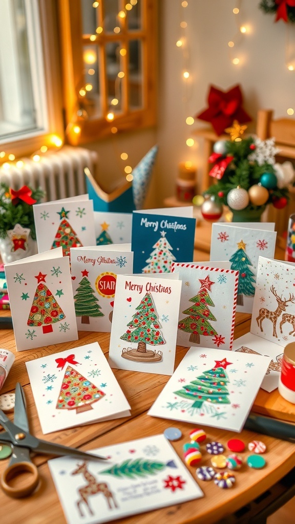 A collection of handmade Christmas cards with colorful designs and crafting materials on a wooden table.